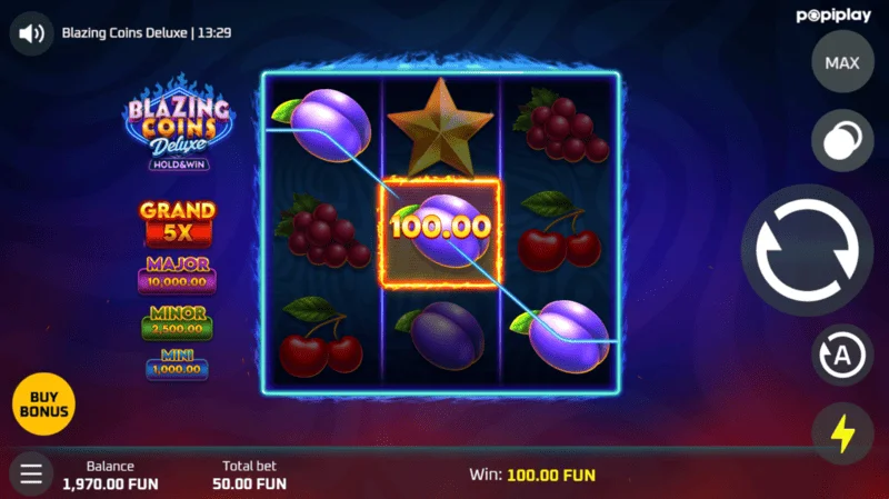 Blazing Coins Deluxe bazinio žaidimo laimėjimas