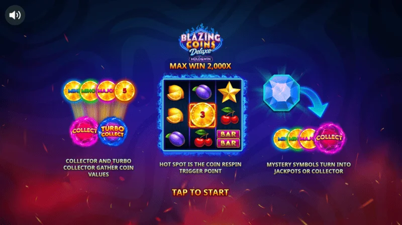 Blazing Coins Deluxe pagrindinis meniu