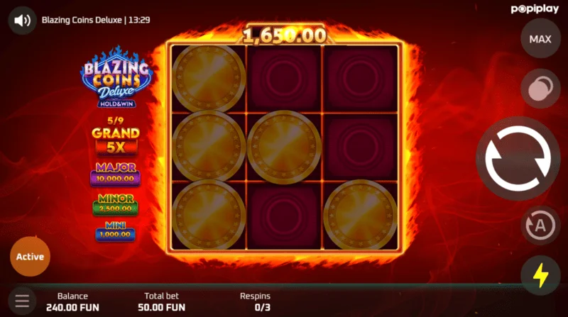 Blazing Coins Deluxe re-spin žaidimo ekranas